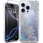 Coolwee for iPhone 16 Pro Max Case Glitter, with Screen Protector, Cute for Women Girls, 10ft Military Grade Protective Cover for iPhone 16 ProMax Bumper Crystal Lace Bling Mandala, Clear Floral
