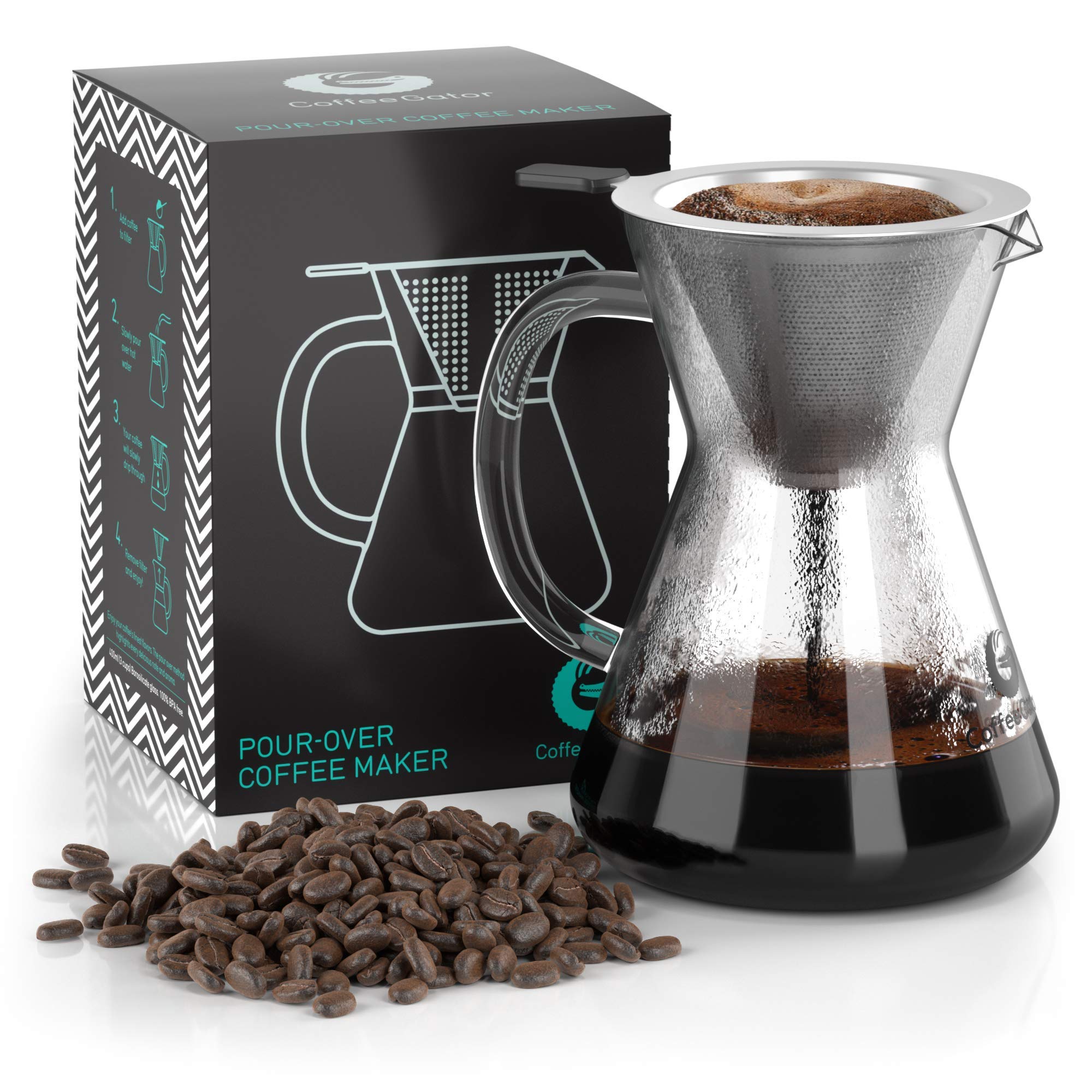 Photo 1 of Coffee Gator Pour Over Coffee Maker - 14oz High Heat Borosilicate Glass with Reusable Stainless Steel Filter, Drip Coffee Brewer Pourover Dripper Set Carafe, 400ml Clear