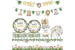 GALAHUB Wild One Birthday Decorations 202 Pcs for 25 Guests, Jungle Safari Theme Party Supplies with Animal Plates Napkins Cutlery Tablecloth Banner, Baby Shower or Boys 1st Birthday Party