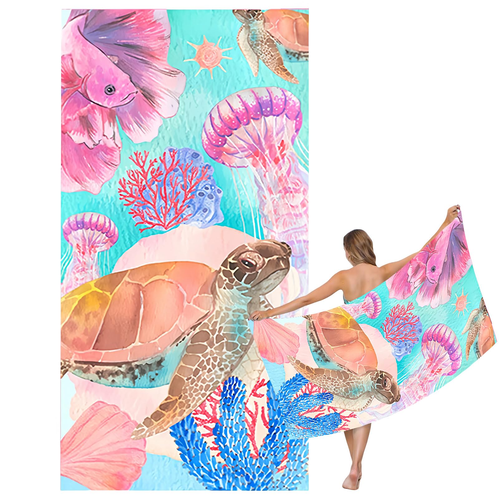 Mienocol Large Quick Dry Microfibre Beach Bath Towel for Adult,Pink Turtle Sand Free Beach Towel with Bag,Lightweight Gym Yoga Sports Towel,Compact Travel Summer Beach Towel for Women Men