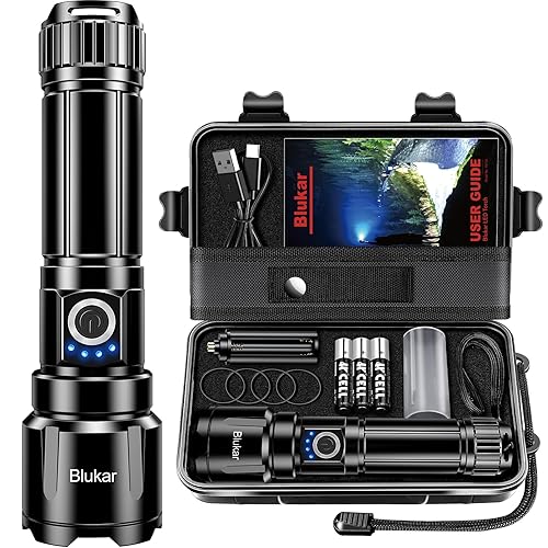 Blukar LED Torch Rechargeable, Ultra High Lumens Super Bright Torches - Adjustable Focus,5 Modes,5000 mAh Long Lasting,IP67 Waterproof,Powerful Handheld Flashlight for Camping,Hiking,Emergency-Black
