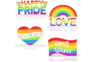 WATINC 4pcs Gay Pride Rainbow Wooden Table Topper Centerpiece Decorations, LGBT Pride Month Party Wood Tiered Tray Signs Table Decor, Love is Love Detachable Tabletop Supplies for Home Kitchen