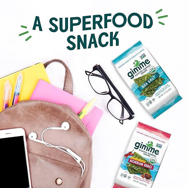 GIMME SEAWEED ORGANIC PREMIUM ROASTED SEAWEED SNACKS, KOREAN BBQ, 6 COUNT, KETO, VEGAN, GLUTEN-FREE, GREAT SOURCE OF OMEGA3S AND IODINE, HEALTHY ON-THE-GO SNACK FOR KIDS AND ADULTS