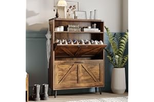 Halitaa Shoe Cabinet with 2 Flip Drawers & Open Storage,Farmhouse Shoe Storage Cabinet for Entryway,Freestanding Narrow Organizer Rack with Legs,Foyer,Hallway,Brown