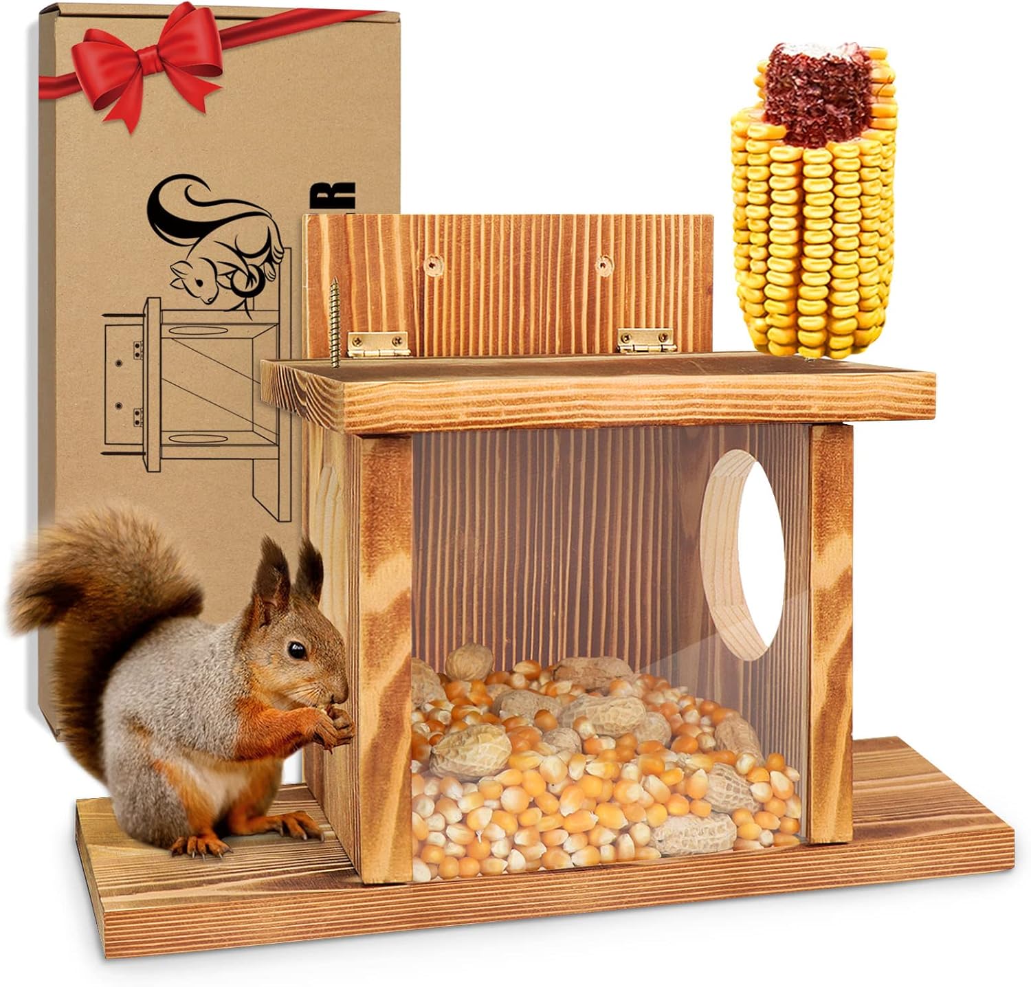 Backyard Birding & Wildlife - Carbonized Wood Squirrel Feeder, Squirrel Feeders for Outside Winter, Durable Squrrill House Box Easy to Fill with Removable Front Panel, Wooden Chipmunk Feeder for Corn, Peanuts…