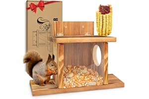 ANSTEEP Carbonized Wood Squirrel Feeder, Squirrel Feeders for Outside Winter, Durable Squrrill House Box Easy to Fill with Removable Front Panel, Wooden Chipmunk Feeder for Corn, Peanuts