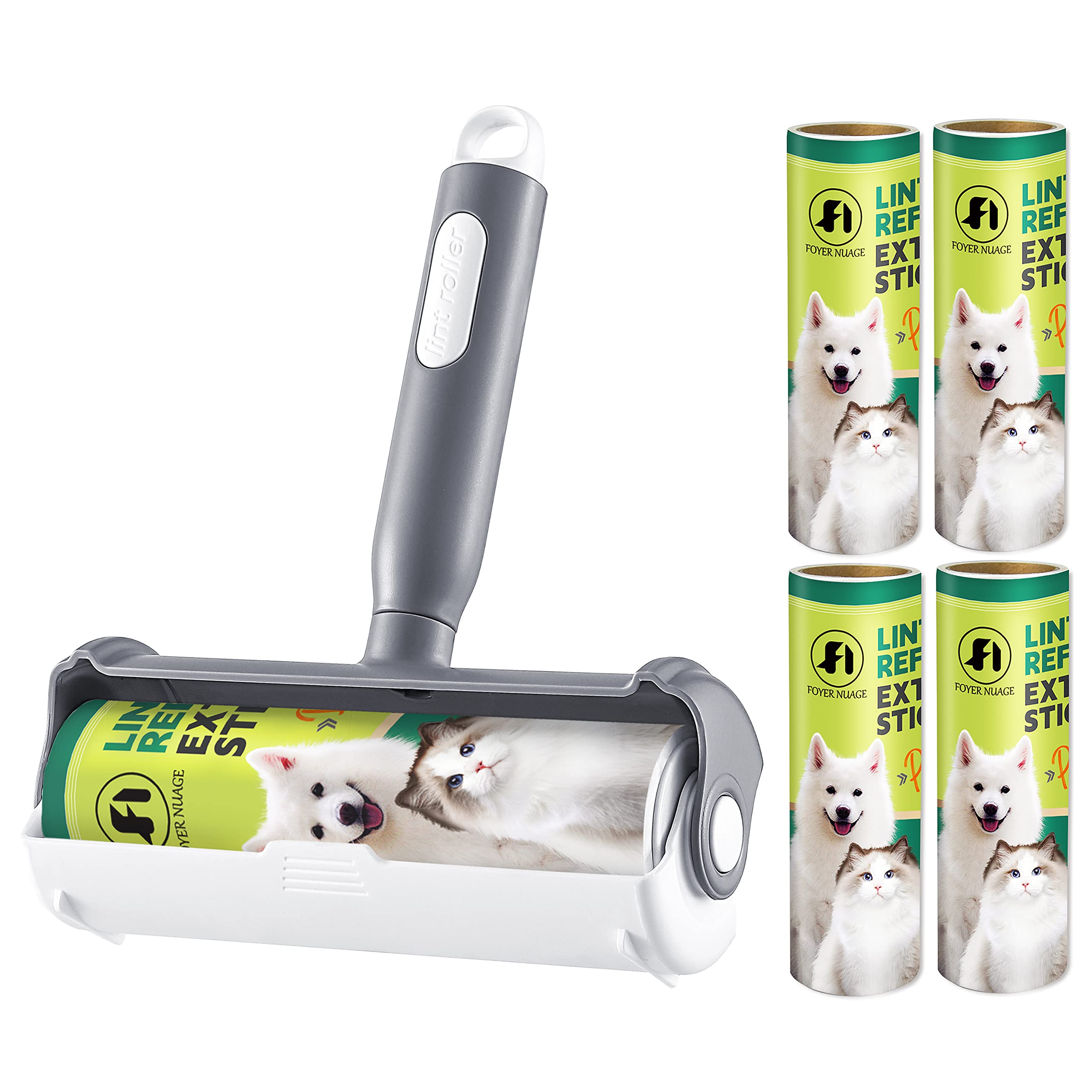 FOYERNUAGE 2in1 Lint Roller & Brush, Extra Sticky, for Pet Hair, Clothes, Furniture, Carpet - 300 Sheets (1 Handle & 5 Refills) — image 1