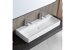 Eridanus Bathroom Sink Rectangle 43" x 16", Two Hole Vitreous Ceramic Vessel Sink, Countertop & Wall Mount, Modern Porcelain Vanity Floating Sink Art Basin Trough with Overflow, Glossy White