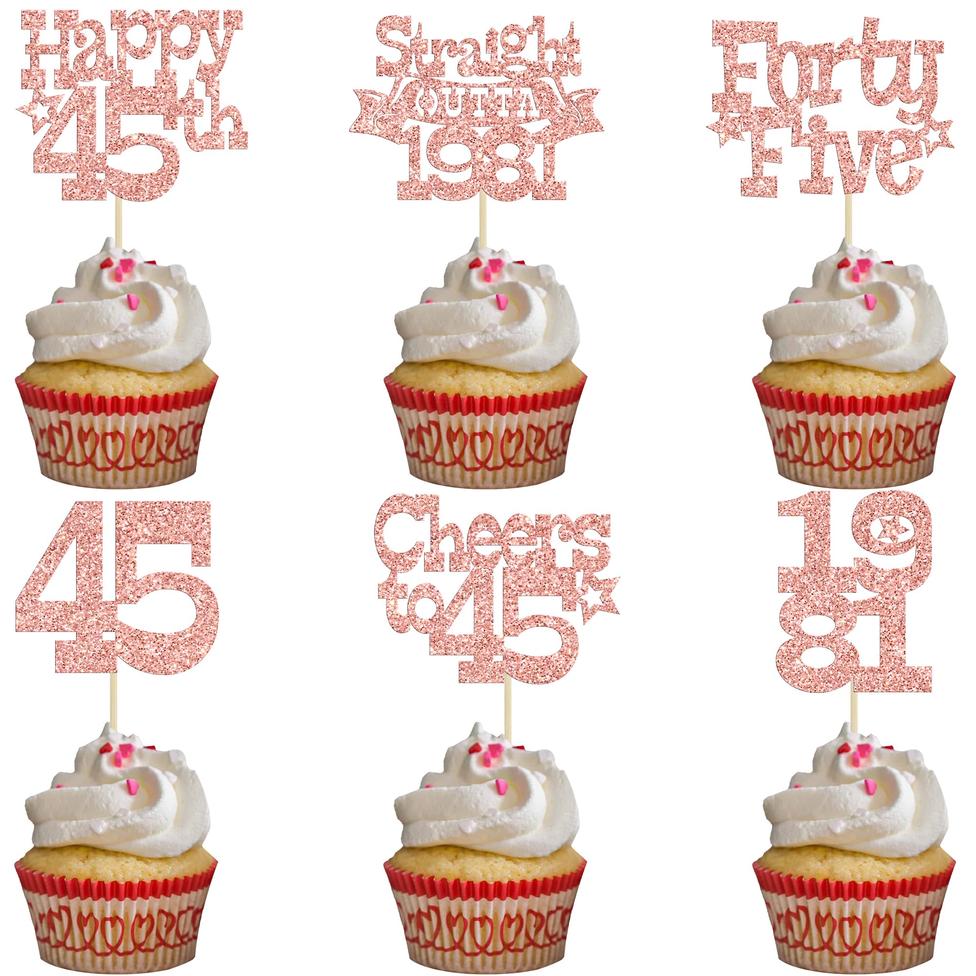 Ephlyn 30Pcs Happy 45th Birthday Cupcake Toppers Glitter Forty Five Straight Outta 1981 Cupcake Picks Cheers to 45 Years Cake Decorations for Happy 45th Birthday Anniversary Party Supplies Rose Gold