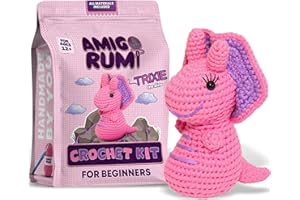 Amigo Rumi Cute Dinosaur Beginners Crochet Kit - Learn How to Crochet Starter Kit - 4+ Hour Video Tutorials & Crocheting Book - Easy to Stitch Yarn - Amigurumi Stuffed Animal for Kids 12+ & Adults