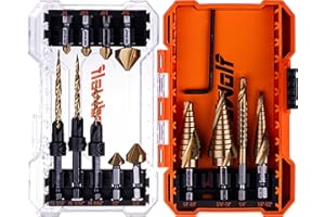 NordWolf 13-Piece HSS Titanium Spiral Flute Step Drill, 82-Degree 3 Flutes Countersink & Tapered Drill 4 Cutters Countersink and Saw Drill Bit Set with 1/4" Hex Shank in Storage Case