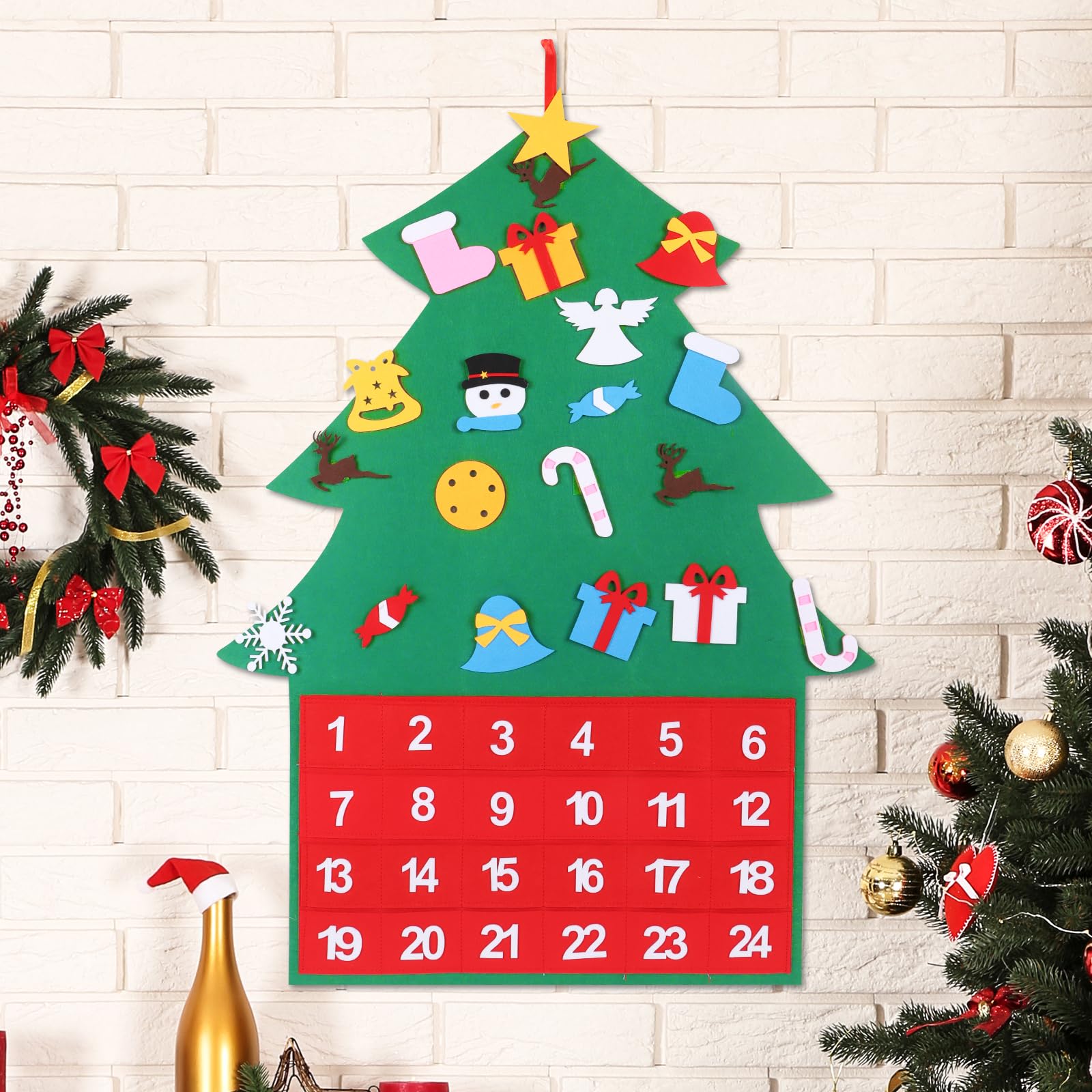 Felt Christmas Advent Calendar, Fillable Christmas Tree Countdown Calendar, 24 Days DIY Christmas Tree Ornaments Hanging Advent Calendar for Door Wall Decorations (Christma Tree)