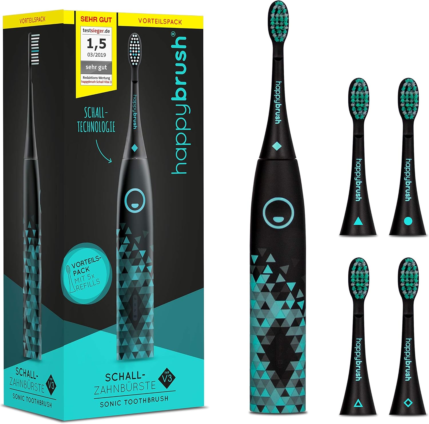 happybrush® Elektrische Schallzahnbürste Elektrische Zahnbürste Schall VIBE 3 Schwarz mit 5