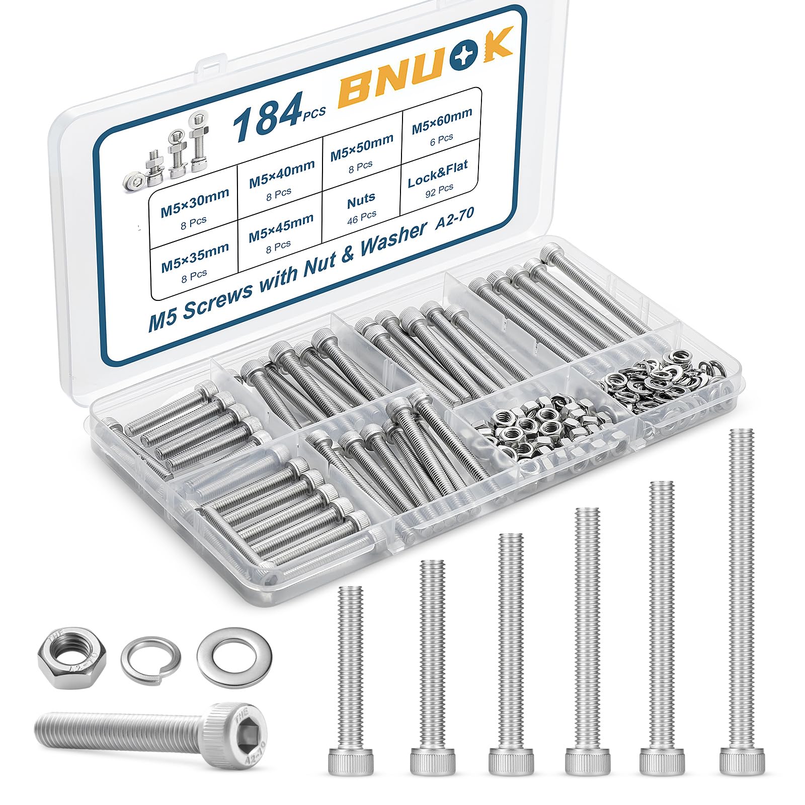 Photo 1 of BNUOK 184 PCS M5 Screws Assortment Kit, 304 Stainless Steel M5 Bolts Kit, M5x 30/35/40/45/50/60mm, Hex Socket Head Cap Screws Bolts Nuts Washers Set