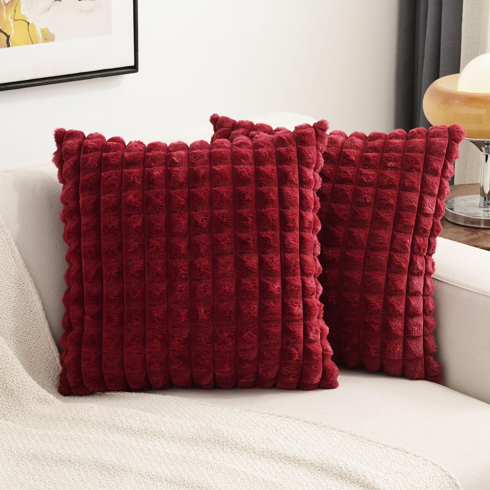 Photo 1 of FUTEI Burgundy Decorative Throw Pillow Covers 22x22 Inch Set of 2,Wine Red Square Cushion Case,Fluffy Faux Rabbit Fur Plaid & Soft Velvet Back,Modern Home Decor for Couch Bed