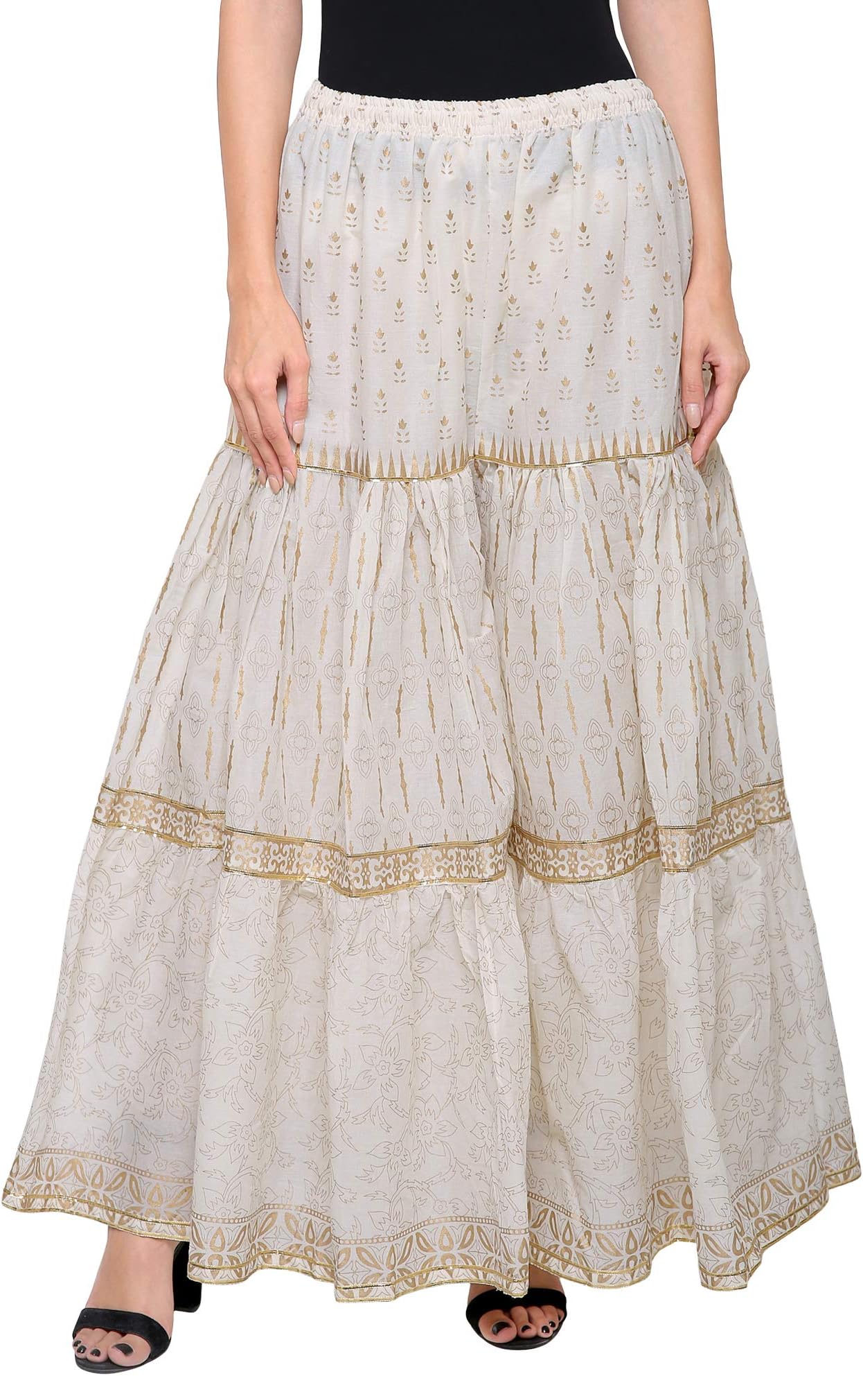 DAMEN MODE Women Triple Layered Golden Printed Modal Cotton Gharara
