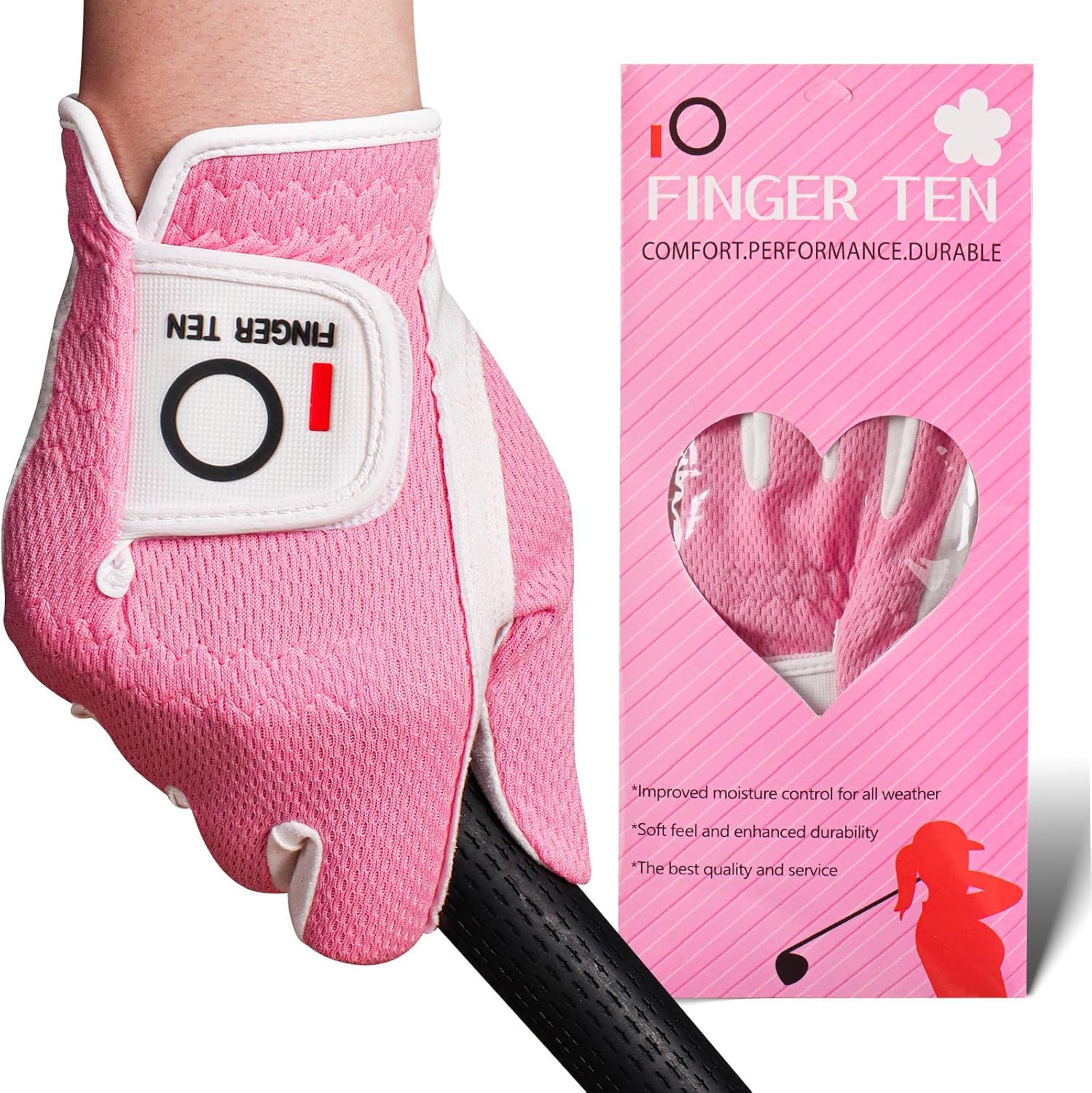 FINGER TEN Golf Gloves Women Left Hand Right Microfiber All Weather Grip Rain Hot Wet Value Pack, Ladies Golf Gloves Soft Flexible Durable Wear Resistance Good Grip (Rose, M, Right)