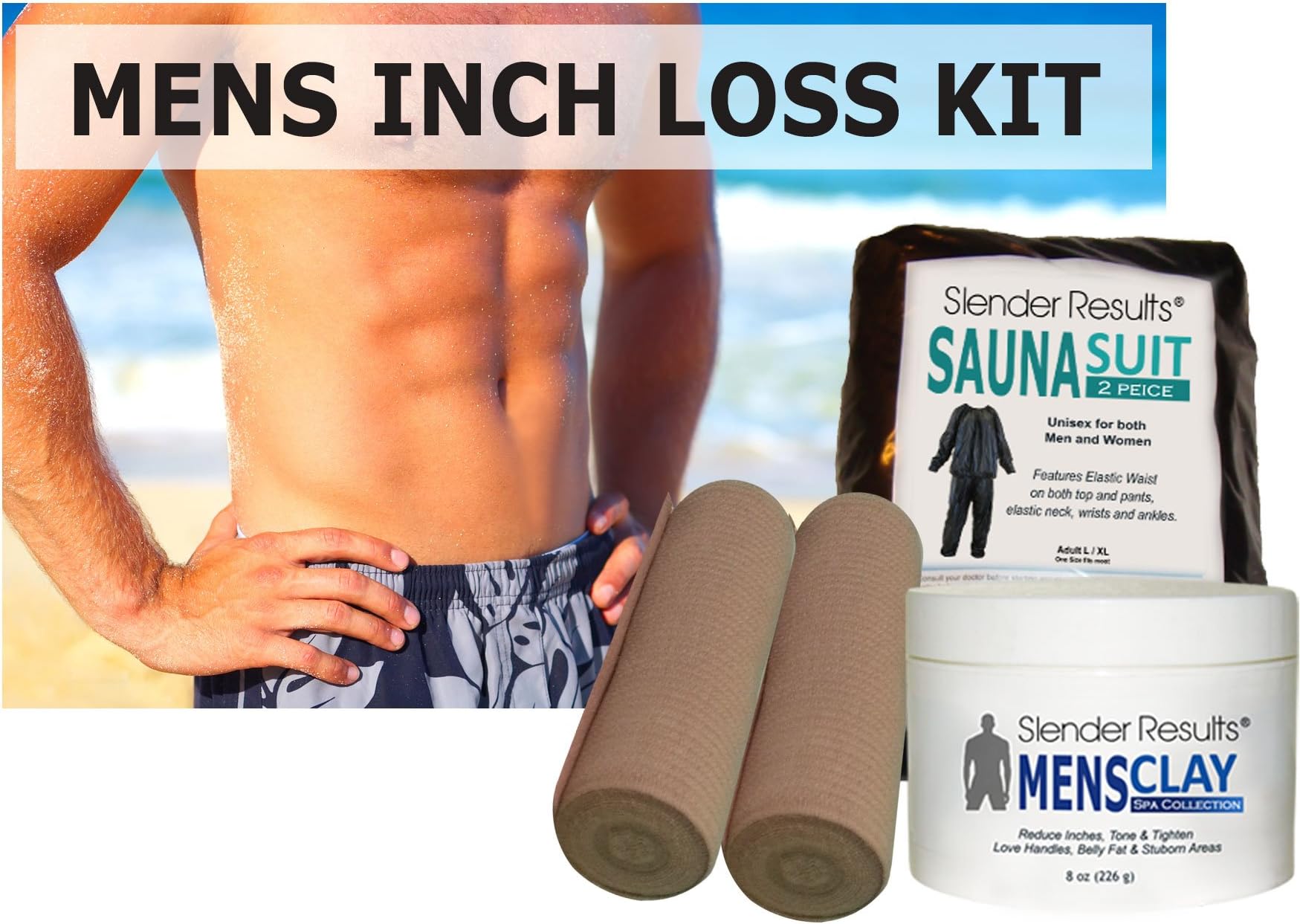 SLENDER RESULTS Mens Inch Loss Body Wrap Kit - Tone and Tighten Belly and Stubborn areas.