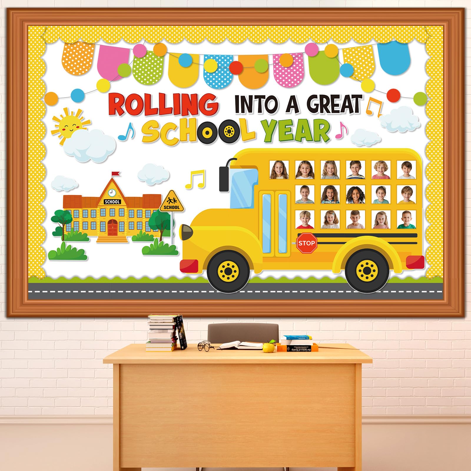 Photo 1 of Funrous 89 Pcs Back to School Bulletin Board Set Yellow Bulletin Board Borders Yellow Bus Cutouts DIY Photo Crafts Rolling into a Great School Year Classroom Decor for Welcome Back Classroom Office