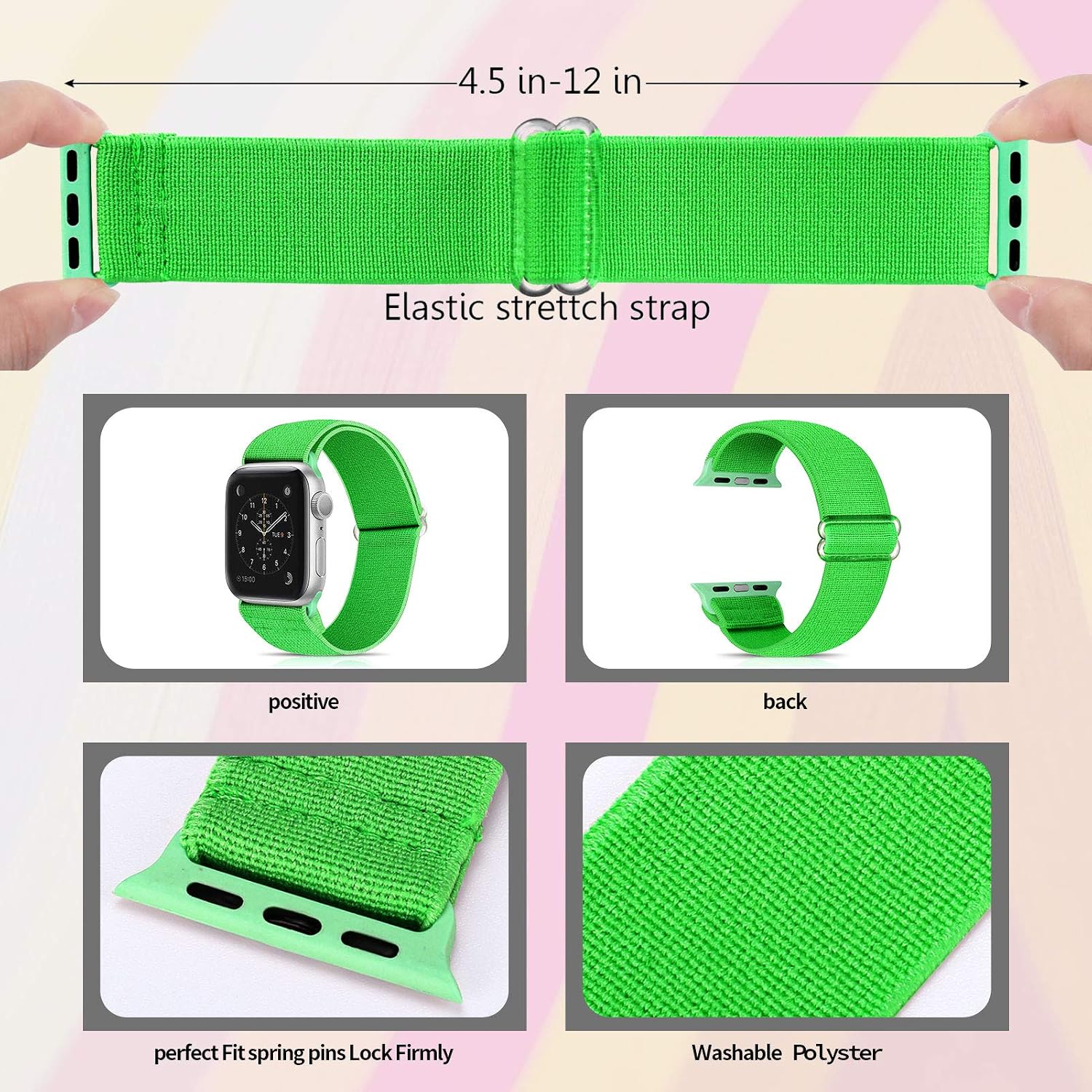 Ecogbd Elastic Replacement Strap Compatible with Apple Watch Strap 38mm 40mm 42mm 44mm, Soft Fabric Nylon Strap Compatible with iWatch Series 6, 5, 4, 3, 2, 1, SE for Women Men (42MM/44MM, Green) - Image 5