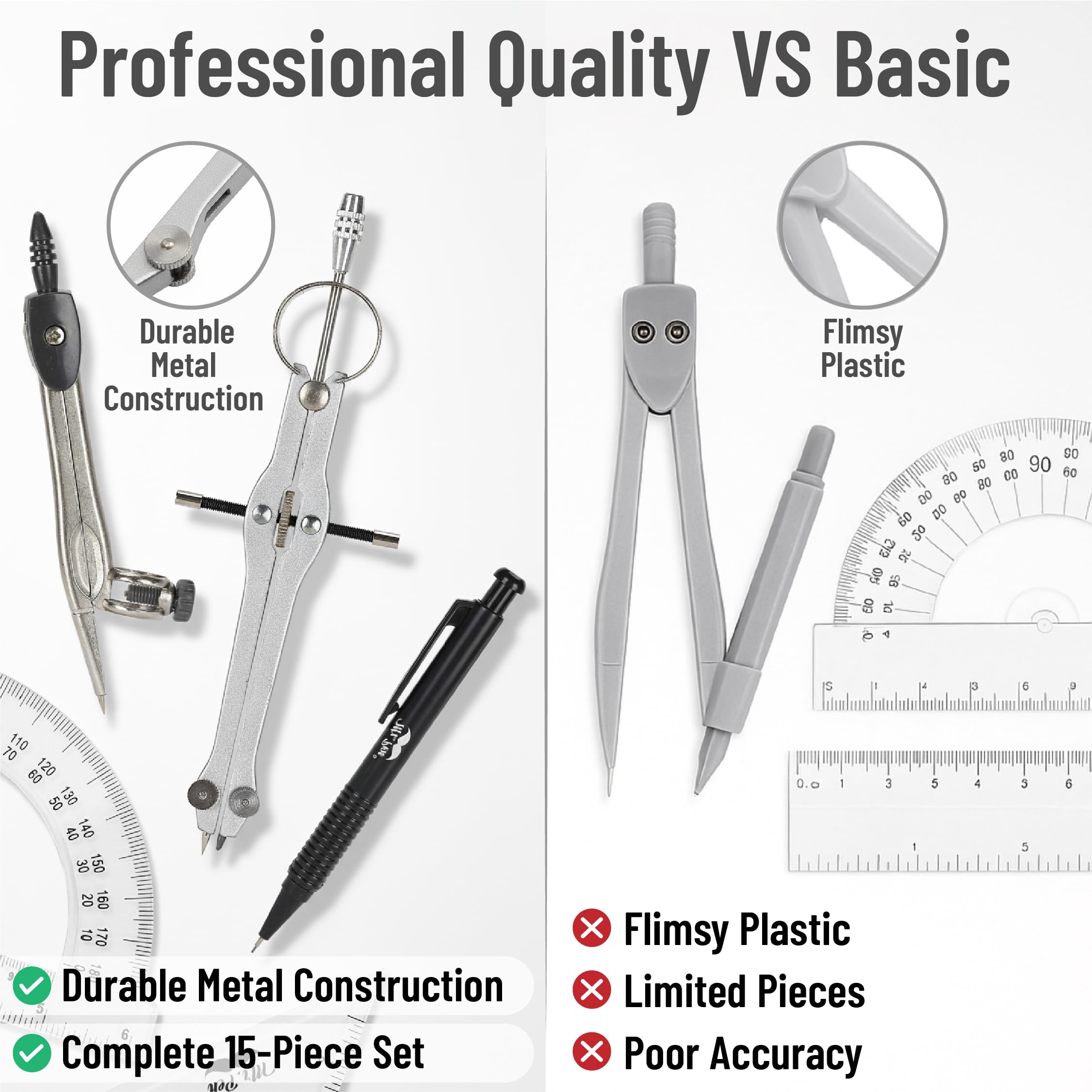 Mr. Pen Geometry Set with 6 Inch Swing Arm Protractor, Divider, Set Squares, Ruler, Compasses and Protractor, 15 Piece Set, Back to School Supplies