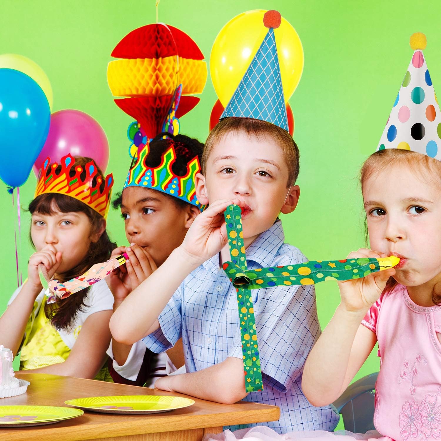 9 Pieces Birthday Party Hats Adorable Party Cone Hats with 24 Colorful Paper Blowouts and 24 Glittering Metallic Tassel Blowouts for Birthday Party: Clothing