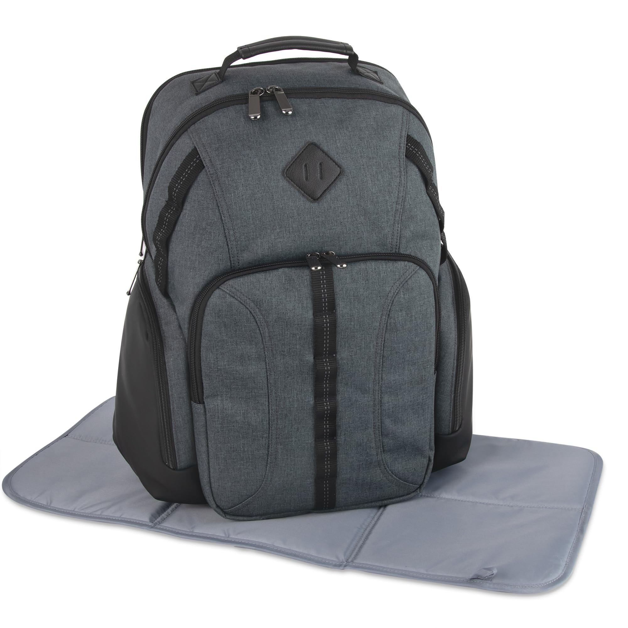 Baby Essentials Super Cooler Dual Compartment Diaper Bag Backpack with Portable Changing Pad, Stroller Straps, Insulated Bottle Compartment (Grey/Black)