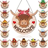 Yalikop 13 Set Interchangeable Highland Cow Welcome Sign 11.8 Inch Valentine's Day Cow Door Decor Holiday Farmhouse Wooden Hanging Sign for Party Spring Easter Home Decoration Gift