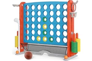 KOTEK Giant 4-in-a-Row Game, Height Adjustable Jumbo 4-to-Score Yard Game with Ring Toss, Basketball, Golf, Mesh Pocket & Cup