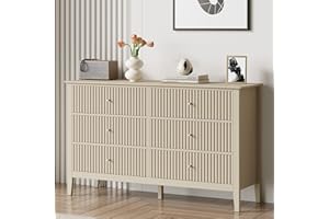 RoyalCraft Beige 6 Drawer Dresser, Fluted Modern Wood Chest of Drawers, Long Dresser for Bedroom TV Stand Storage Cabinet for Living Room