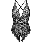 Donnalla Women's One Piece Teddy Plunging Lace Bodysuit Elegant Honeymoon Lingerie