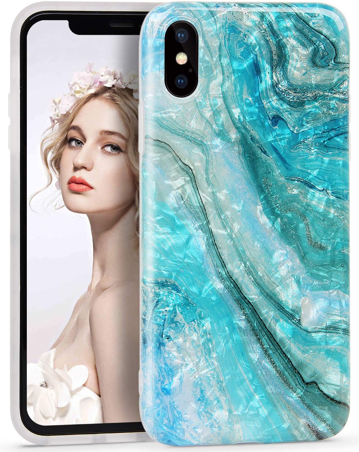 Imikoko iPhone Xs Case, iPhone X Phone Case Shiny Green Marble Design Slim Thin Anti-Scratch Shock Absorption Cover Glossy Flexible Clear TPU Bumper Soft Diamond Shell For iPhone Xs/X (5.8 Inch)