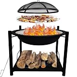 SereneLife Outdoor Wood Fire Pit - 26" Steel BBQ Grill with Mesh Spark Screen, Log Grate, Fire Poker & Cover for Camping, Picnic, Bonfire - Durable, Easy to Assemble, 2 in 1