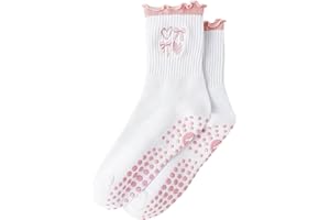Cute Pilates Grip Socks for Women Ruffle Frilly Yoga Socks Non Slip Cotton Crew Grippy Sock for Barre Workout