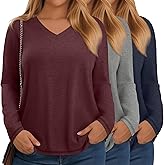 Velvelhall 3 Pack Women's Plus Size T-Shirt, Raglan Long Sleeve V Neck Tunic Tops Loose Fit Casual Basic Tee Shirt