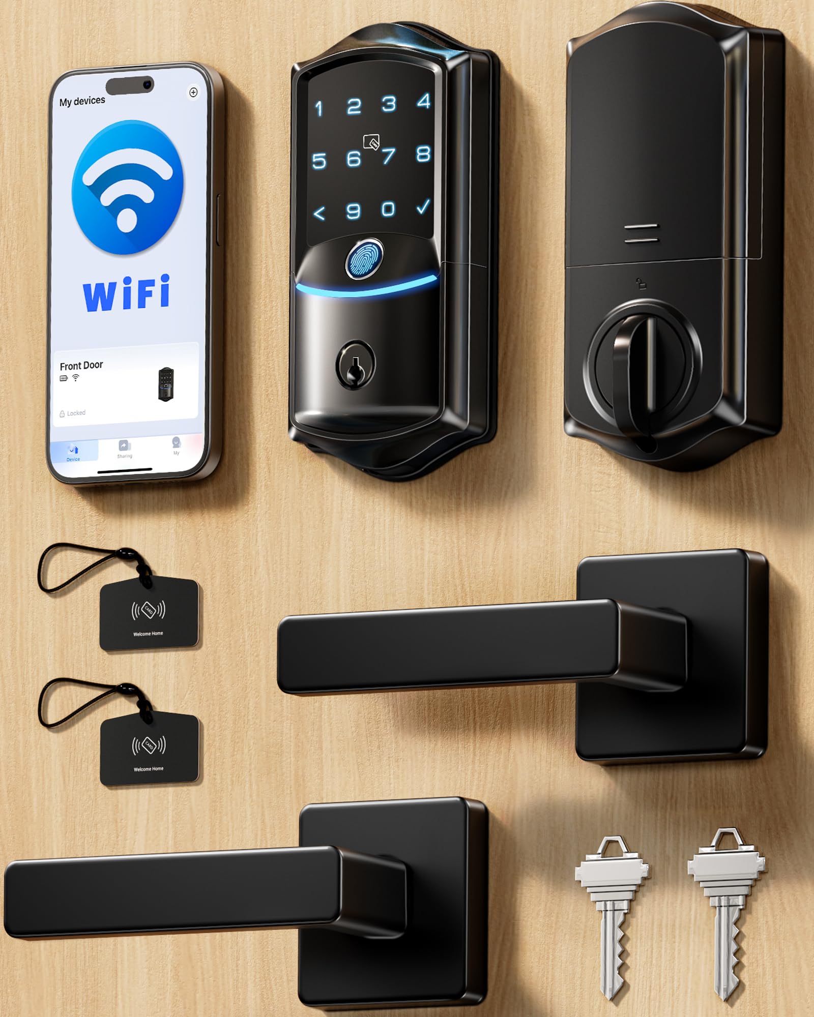 Photo 1 of ****MISSING PARTS*** Veise VE027-L Built-in WiFi Smart Lock with Handles, Fingerprint keyless Entry Door Lock Set, App Remote & Voice Control, Electronic Deadbolt for Front Door, Touchscreen Keypad, Auto Lock, Matte Black