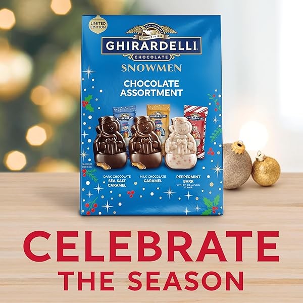 GHIRARDELLI CHOCOLATE ASSORTED SNOWMEN, HOLIDAY COLLECTION WITH MILK CHOCOLATE CARAMEL, DARK CHOCOLATE SEA SALT CARAMEL, AND PEPPERMINT BARK, 10.2 OZ BAG
