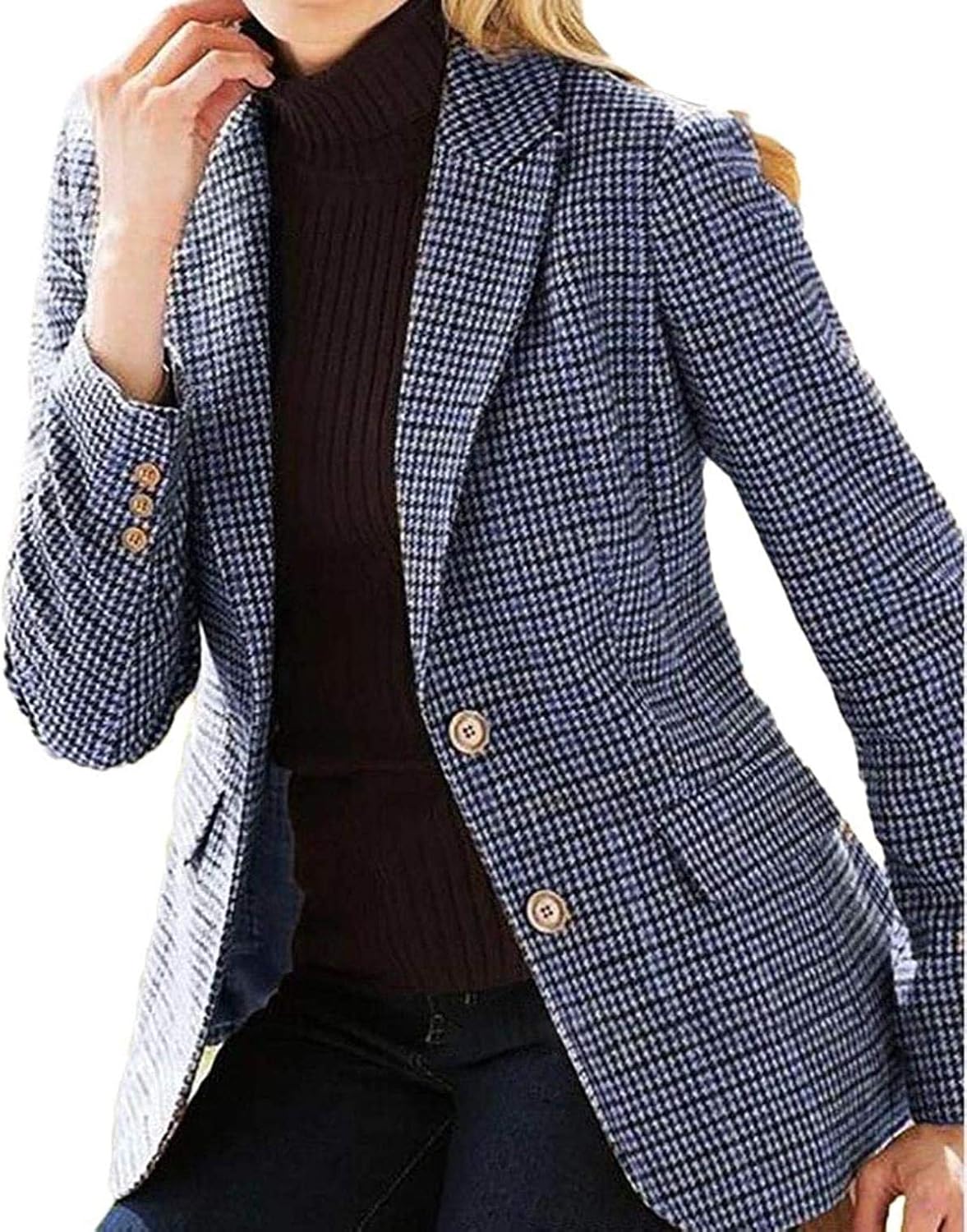 Women Two Long Sleeve Casual Plaid Slim Fit Blazer Coat Blue Amazon.co