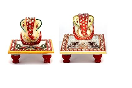 Fashion Bizz Meenakari Work Lord Ganesh Marble Pooja Chowki Set of 2 Pcs Combo
