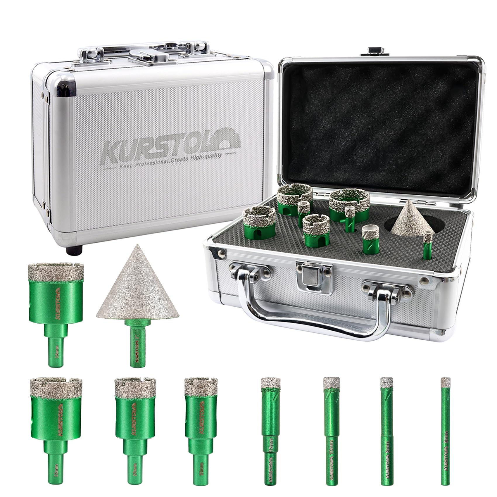 KURSTOL Diamond Core Drill Bit Kit - 6/8/10/12/20/25/32/35mm Round Shank Tile Hole Saws+2"/50mm Hex Shank Beveling Chamfer Bit for Dry Drilling Porcelain Ceramic Granite Marble Stone