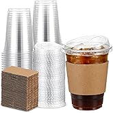 Ziliny 50 Pack Clear 16 oz Plastic Cups with Lids and Sleeves Disposable Iced Coffee Cup Set for Iced Coffee, Smoothie, Juices, Cold Beverage, Shops and Party Catering