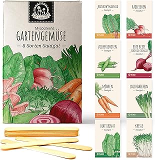 Gemüse Samen Set mit 8 Sorten Saatgut samenfest - für Garten, Hochbeet & Balkon mit Pflanzenstecker aus Holz - Geschenkset mit alten Sorten - PilzWald