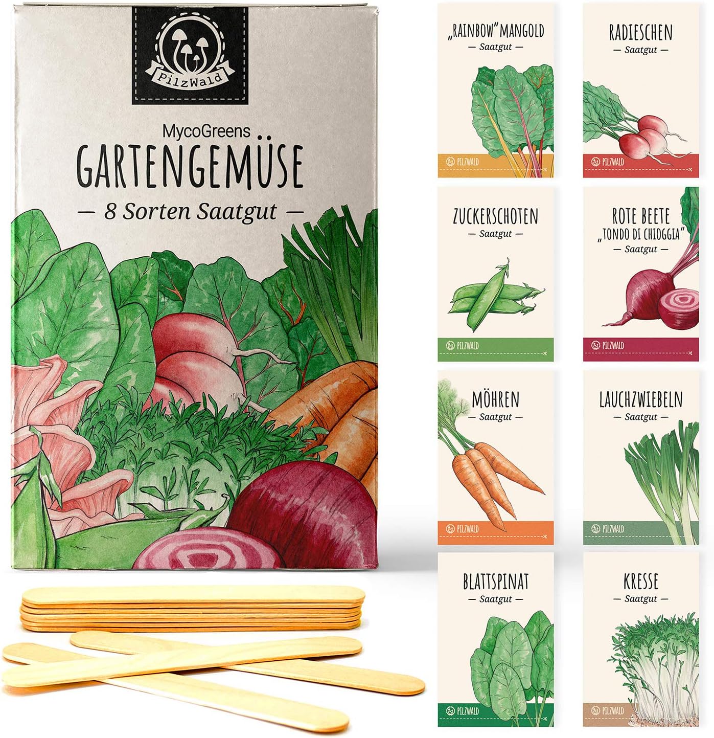 Gemüse Samen Set mit 8 Sorten Saatgut samenfest - für Garten, Hochbeet & Balkon mit Pflanzenstecker aus Holz - Geschenkset mit alten Sorten - PilzWald