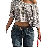 WDIRARA Women's Y2k Camo Print Off The Shoulder Crop Tee Top Short Sleeve Loose Fit T Shirts