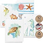 Twigs Paper Marine Thank You Cards, 12 Sea Animal Note Cards with Envelopes | Small size, blank inside, envelopes included, hand-illustrated artwork, thinking of you, bulk value set