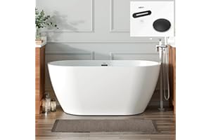 FerdY 55" Bali Acrylic Freestanding Bathtub, Gracefully Shaped Freestanding Soaking Bathtub, cUPC Certified, Toe-Tap Matte Black Drain and Matte Black Overflow Included