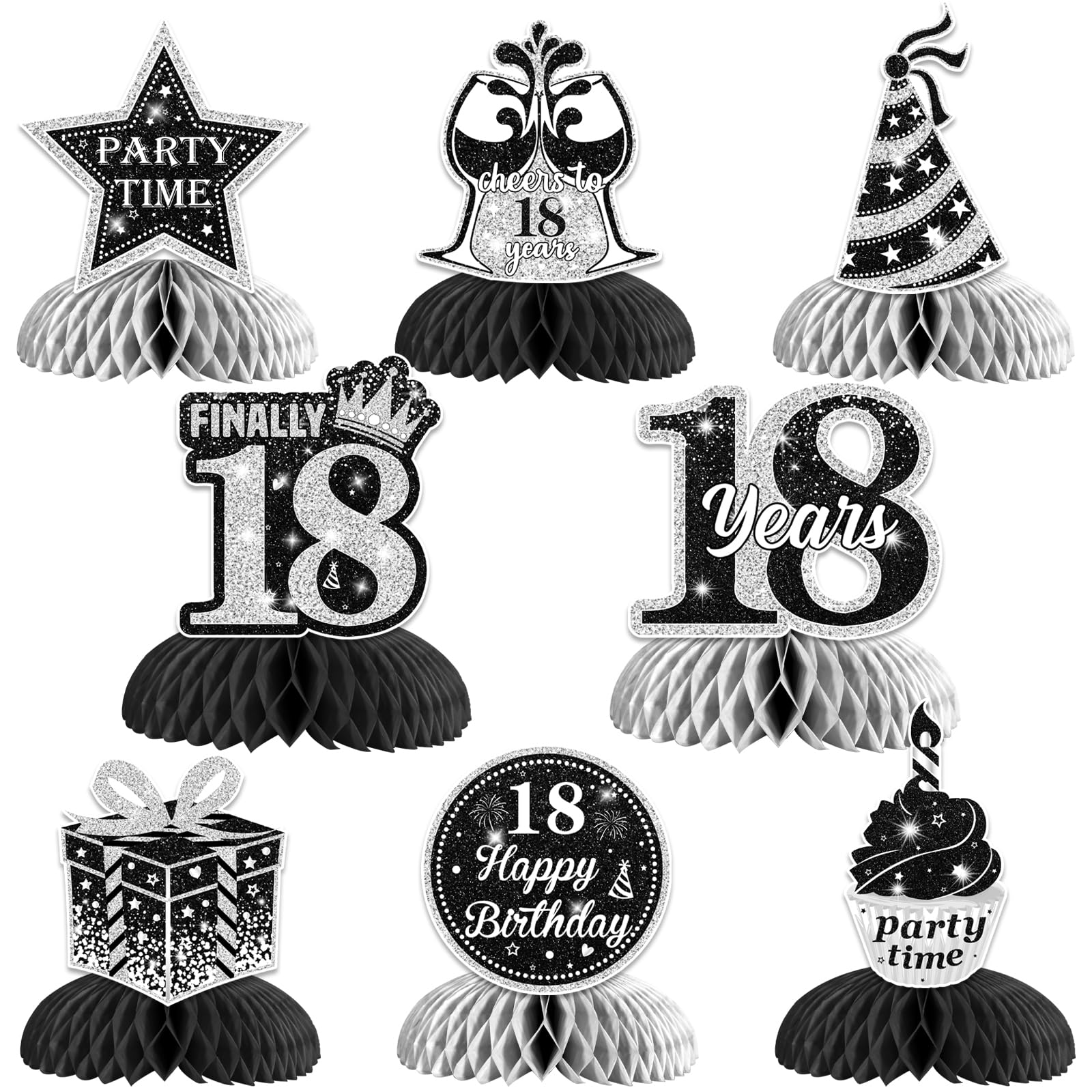 Jollyboom 8PCS 18th Birthday Honeycomb Centerpieces, Black and Silver 18th Birthday Table Decorations Double-Sided Printing Happy Birthday Table Toppers for Boys Girls 18 Years Old Birthday Party