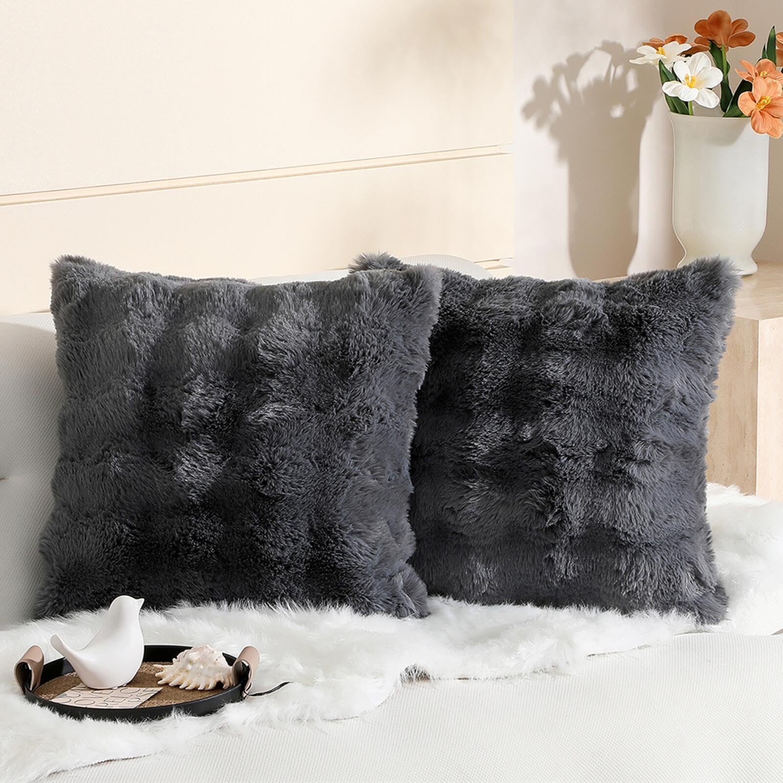 Photo 1 of linmopm Excluding Insert Faux Rabbit Fur Bubble Pack of 2 Throw Pillow Cover Double Side 20x20 Inch Grey Thick Plush Dense Fuzzy Decorative Cushion Covers for Couch Bedroom