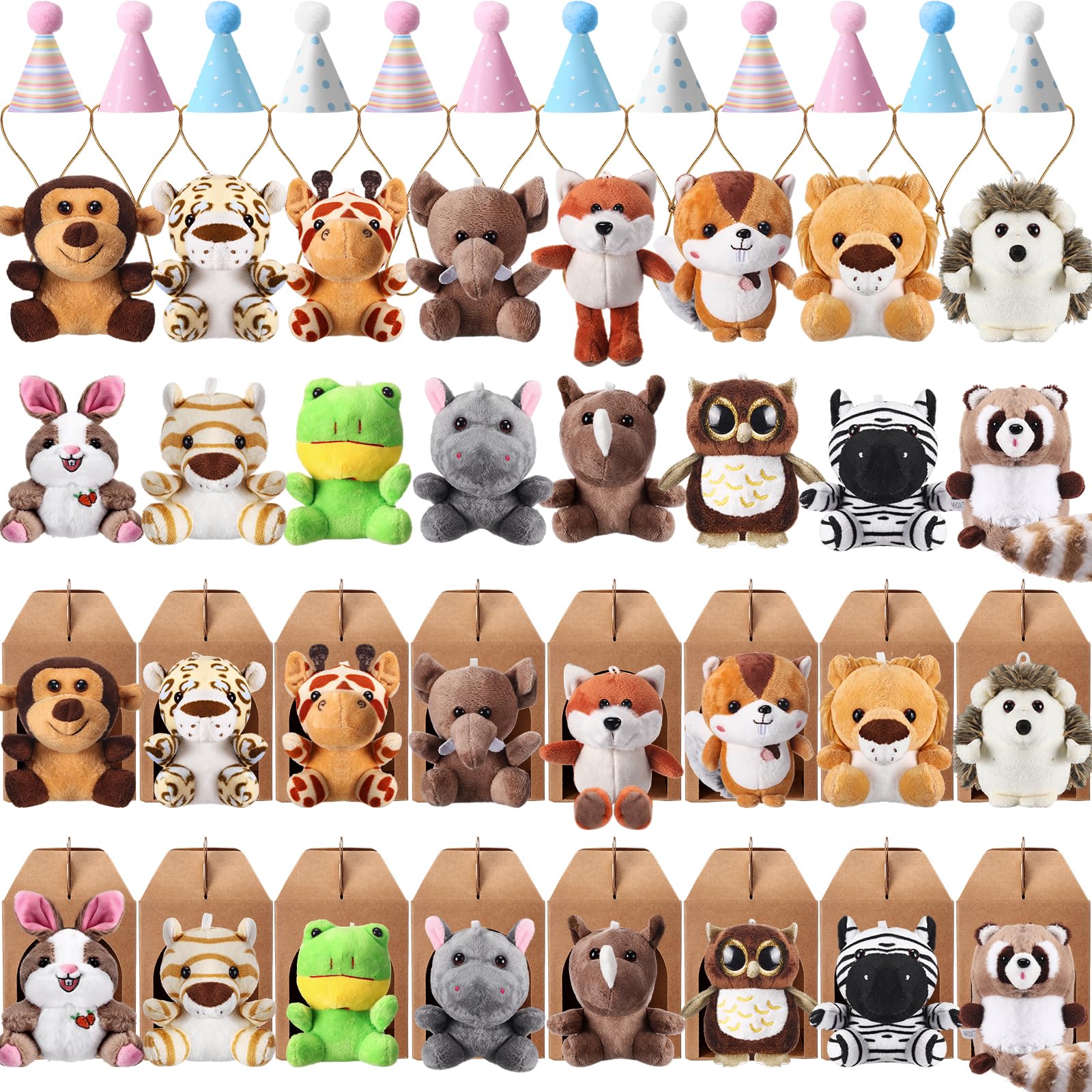 Photo 1 of Seenelling 48 Pcs Mini Safari Plush Animals Set Forest Stuffed Toys Adopt a Pet Party Favors Jungle Animal Plush Toys with Birthday Hats Paper Boxes for Animal Theme Favor Birthday Party Gift