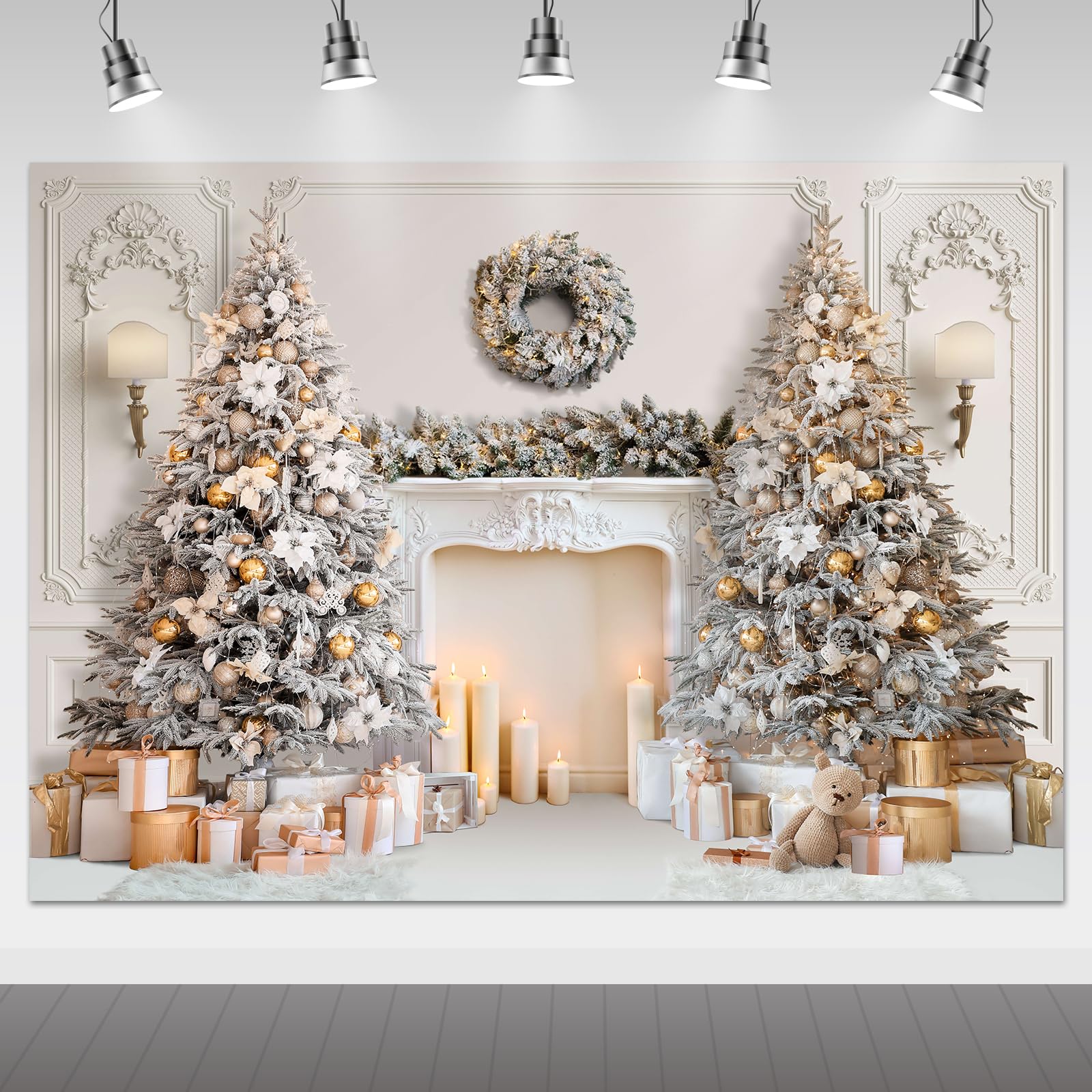 Photo 1 of Mocsicka Classic Christmas Interior Room Photography Backdrop White Christmas Fireplace Photo Background Decorated Xmas Tree Family Kids Holiday Party Banner Decorations Photo Booth Props (10x8ft)